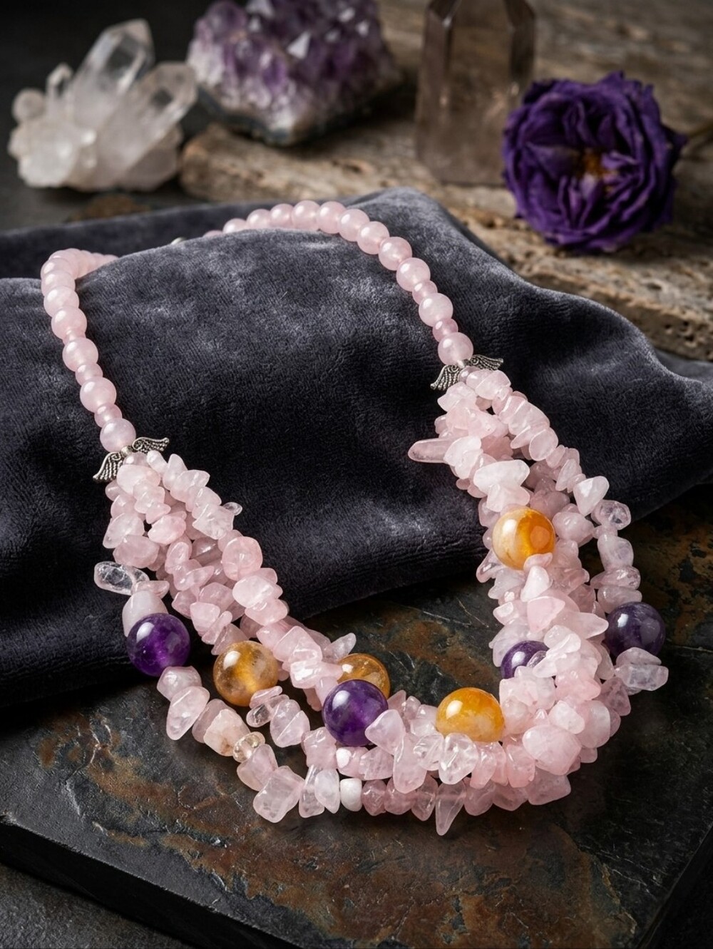 Rose Quartz Chip Mult-Strand Necklace 20" Cottagecore Coastal Grandma 494 CTW